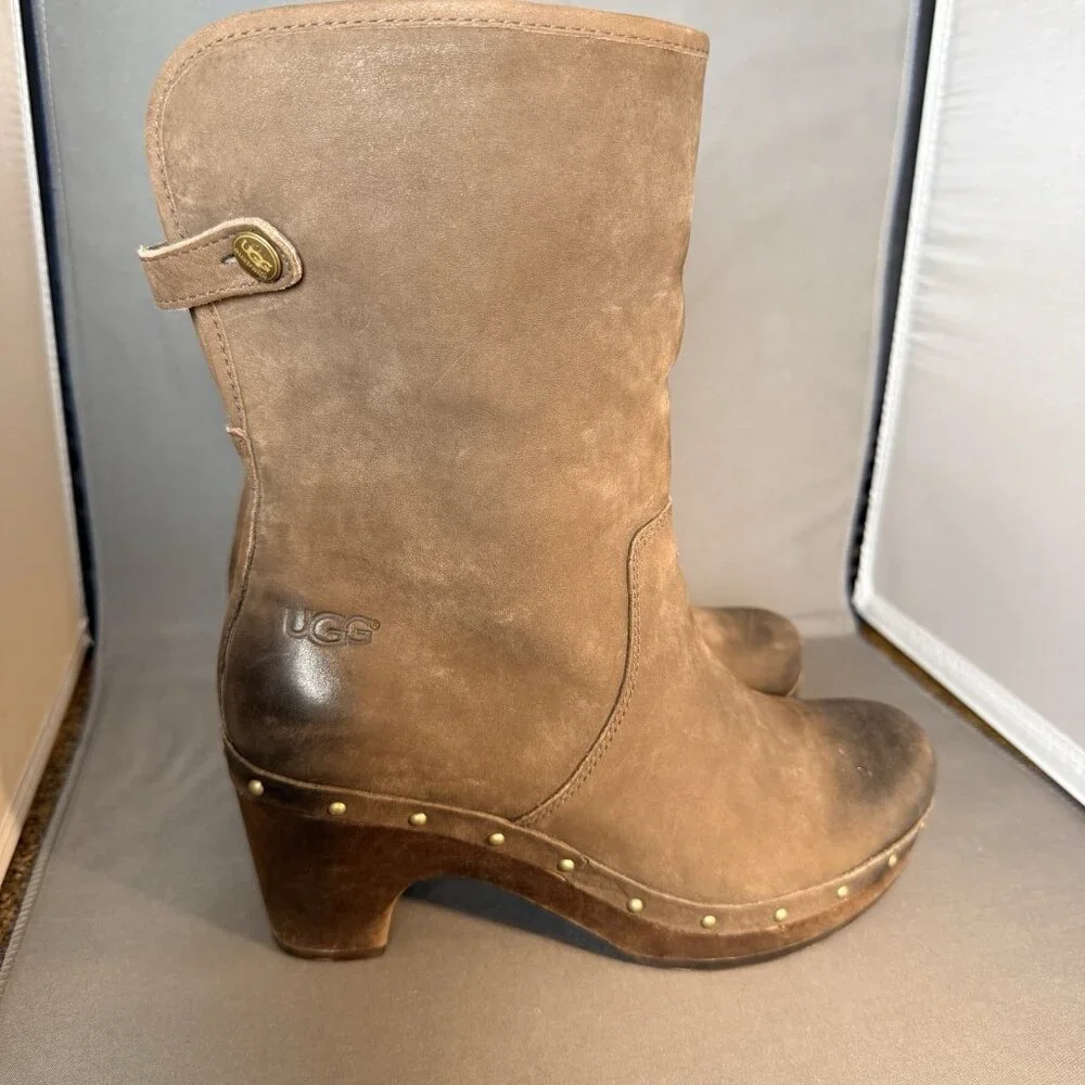 UGG Fold Over Size 6 Brown Leather Sheepskin Cuff LYNNEA Ankle Calf Boots Shoes - Picture 5 of 7